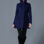 Abrigo azul marino, abrigo midi de lana, abrigo con bolsillos, abrigo de mujer, abrigo de lana con capucha, abrigo hecho a mano, abrigo de invierno C1600 Etsy España