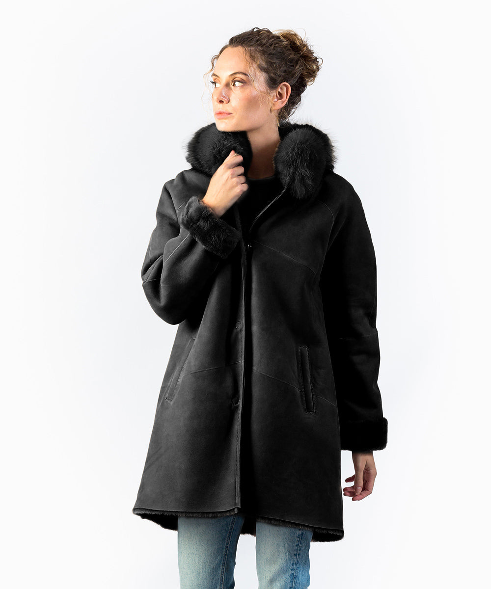 abrigo-doble-faz-891jad-1.jpg Abrigo de piel doble faz negro con cuello de zorro mujer - Imagen 1