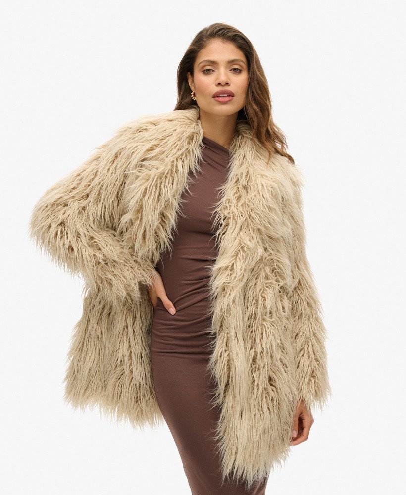 abrigo-pelo-659cij-1.jpg Mujer Abrigo de pelo sintético de largo medio en pelo afgano crema galleta | Superdry ES - Imagen 1