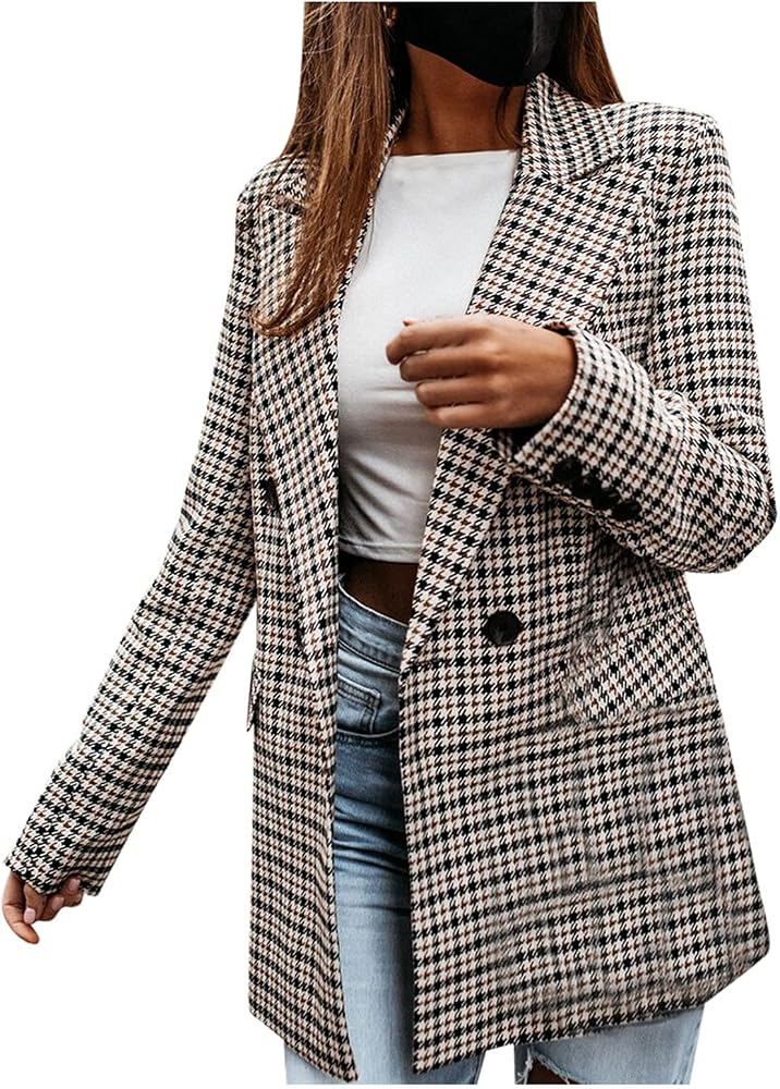 blazer-cuadros-592lbx-1.jpg Blazer Chaqueta a cuadros para mujer, chaqueta blazer de manga larga, chaqueta a cuadros con muescas, chaqueta de doble botonadura, con frente abierto, ropa exterior de primavera, elegante, con: Amazon.es: Moda - Imagen 1