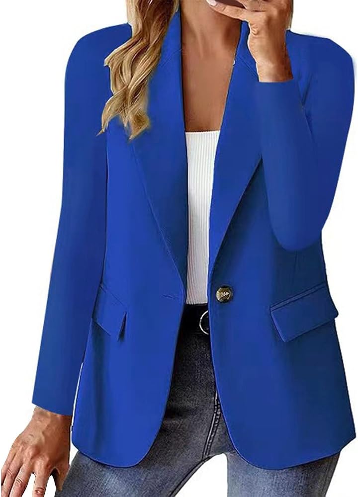 blazer-mujer-553kpc-1.jpg Blazer Chaqueta de traje para mujer, elegante, monocolor, corte regular, con botones, trabajo, oficina, manga larga, chaqueta de fiesta, con bolsillos, chaqueta ligera blazer de entretiempo, azul, M: Amazon.es: Moda - Imagen 1