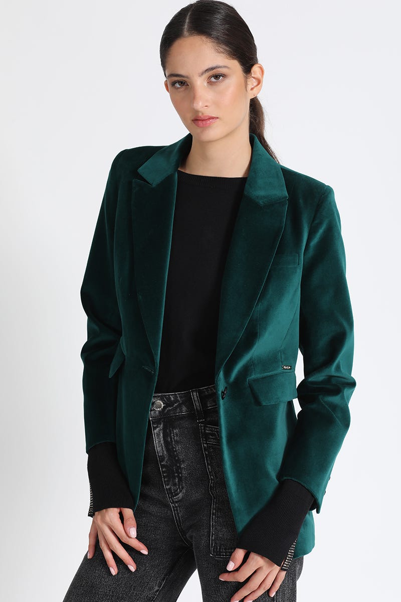 blazer-terciopelo-mujer-740rly-1.jpg CHIC STAR Blazer De Terciopelo Para Mujer – Corte Corto Con Cuello Y Puños De Capa, Azul Elástico Chaqueta Corta Con Capa En Cuello Y Puños - Imagen 1