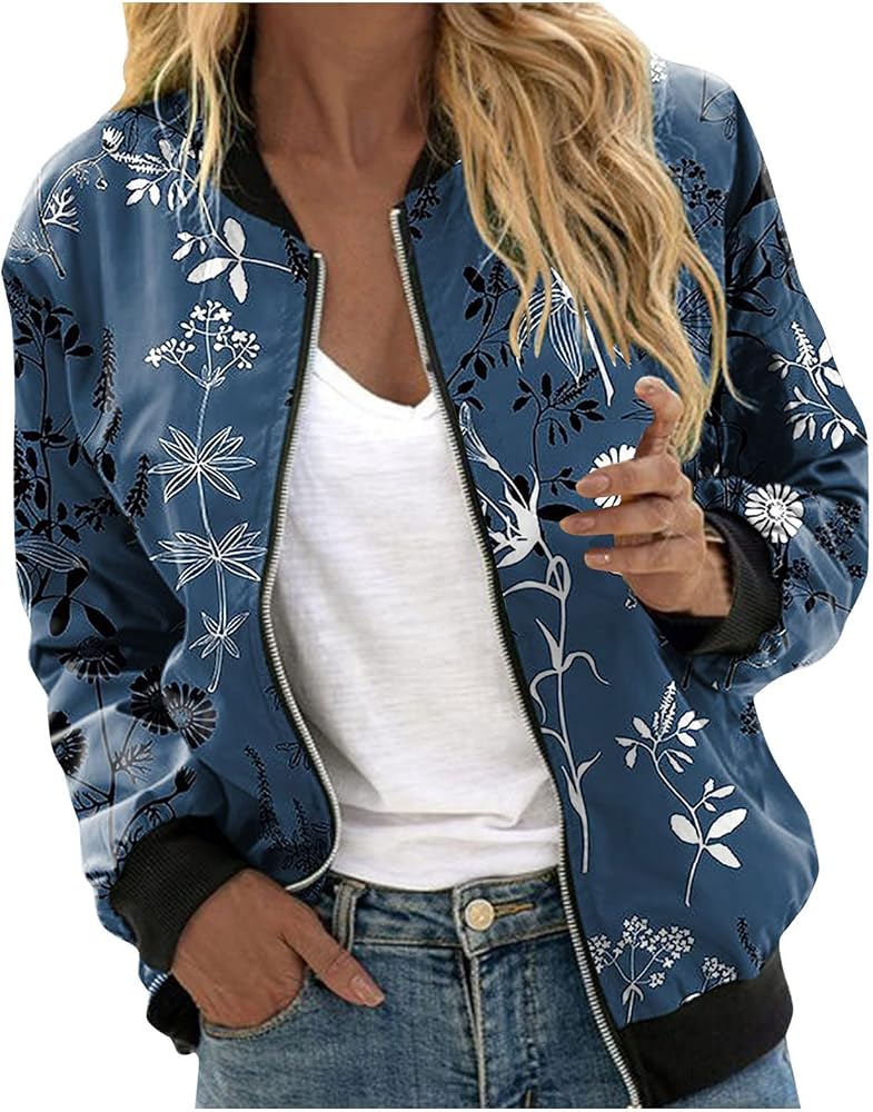bomber-mujer-075wja-1.jpg Chaqueta bomber para mujer, chaqueta ligera de piloto, estampado floral, abrigo con cremallera, chaqueta de primavera, chaqueta de aviador, chaqueta ... - Imagen 1