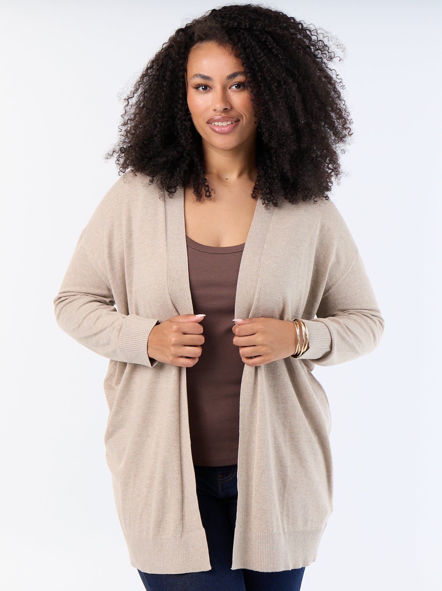 cardigan-largo-mujer-072bic-1.jpg Cárdigan largo abierto de punto fino Beige - Imagen 1