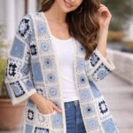 Cardigan Largo de Crochet para Mujer Azul