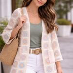 Cardigan Largo de Crochet para Mujer Beige