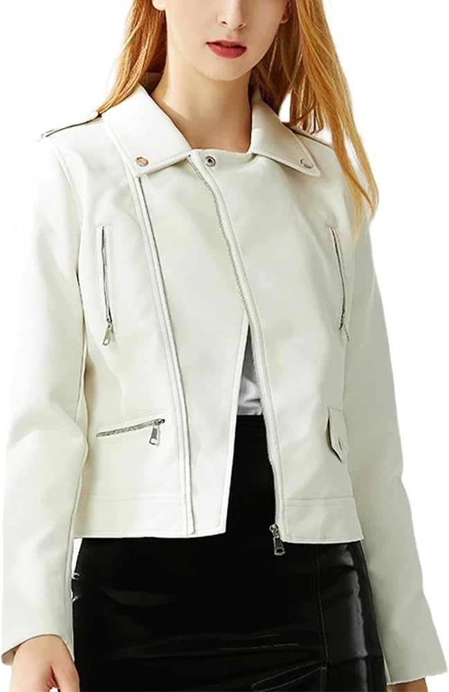 chaqueta-blanca-mujer-269brq-1.jpg A&M Express Elegante chaqueta de piel sintética blanca para mujer, de manga larga, con solapa y cremallera, blanco, XS: Amazon.es: Moda - Imagen 1