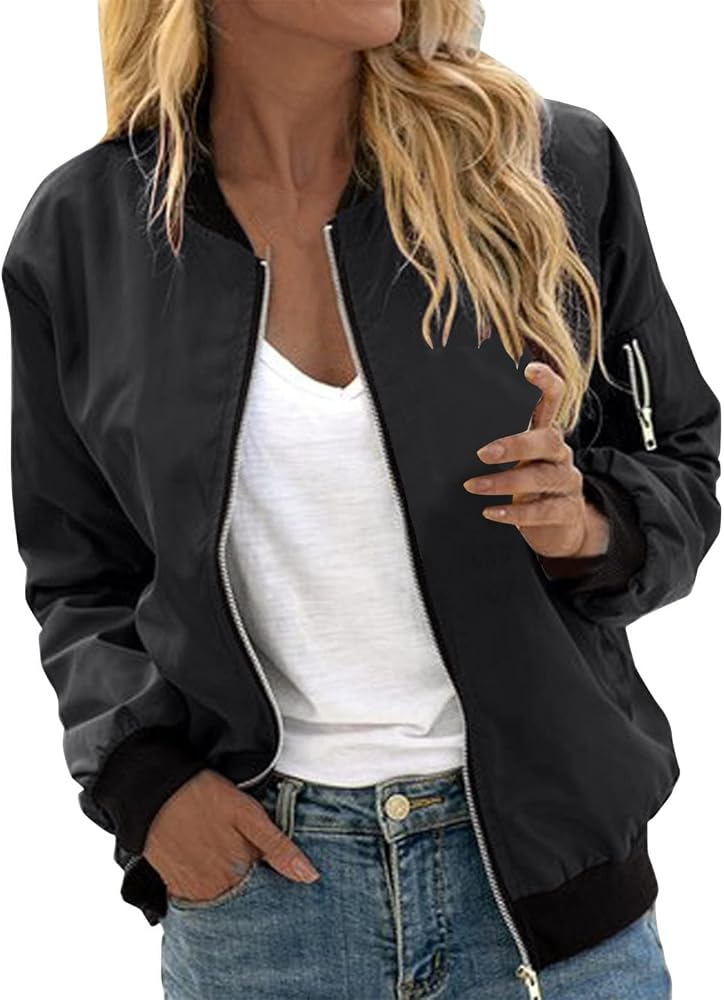 chaqueta-bomber-mujer-359dhi-1.jpg Chaqueta Bomber para Mujer Otoño Primavera Chaqueta Bomber Retro Piloto Motero Chaqueta de Entretiempo Chaqueta de Vuelo Corta con Cremallera Manga Larga Monocolor Sudadera para Mujer(Black,S): Amazon.es: Moda - Imagen 1