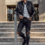 Chaqueta de cuero con remaches para hombre negro Bolf 11Z8007