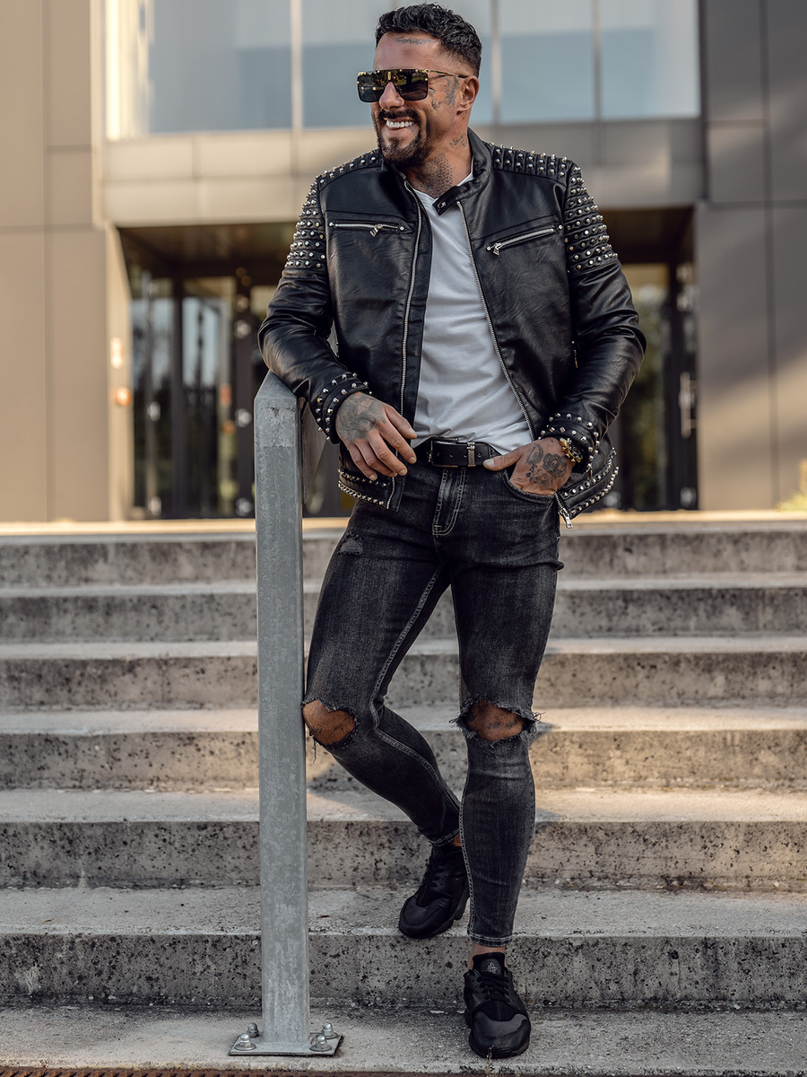 chaqueta-de-cuero-805hpy-1.jpg Chaqueta de cuero con remaches para hombre negro Bolf 11Z8007 - Imagen 1