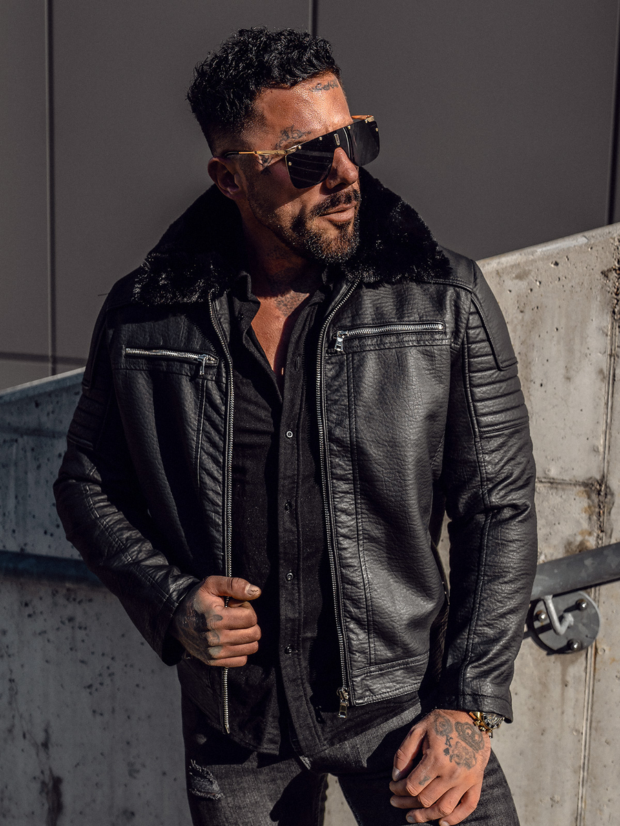 chaqueta-de-cuero-hombre-467twi-1.jpg Chaqueta de cuero con pelo para hombre negro Bolf 11Z8013 - Imagen 1