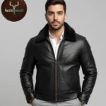 Chaqueta de cuero negra para hombre con cuello de piel: abrigo clásico de invierno con cremallera frontal Etsy España