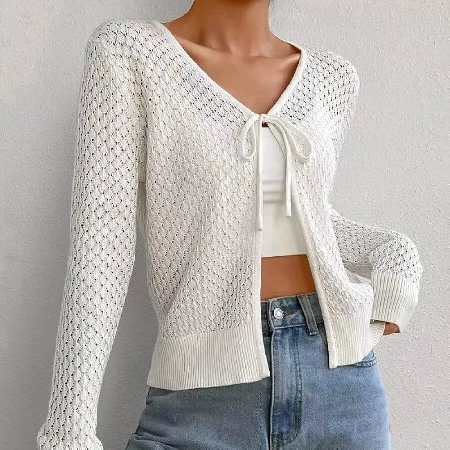 chaqueta-punto-mujer-633dui-1.jpg Chaqueta Punto Mujer,Cárdigan Corto Para Mujer, Liso, Blanco, Hueco, Crochet, Manga Larga, Lazo Frontal Abierto, Cárdigan De Punto, Sexy, Cuello En V, ... - Imagen 1