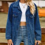 Vanchenl Abrigo casual de mujer de denim, oversized, con botones, cuello vuelto, de manga larga, largo medio, chaqueta suelta, azul oscuro, S: Amazon.es: Moda