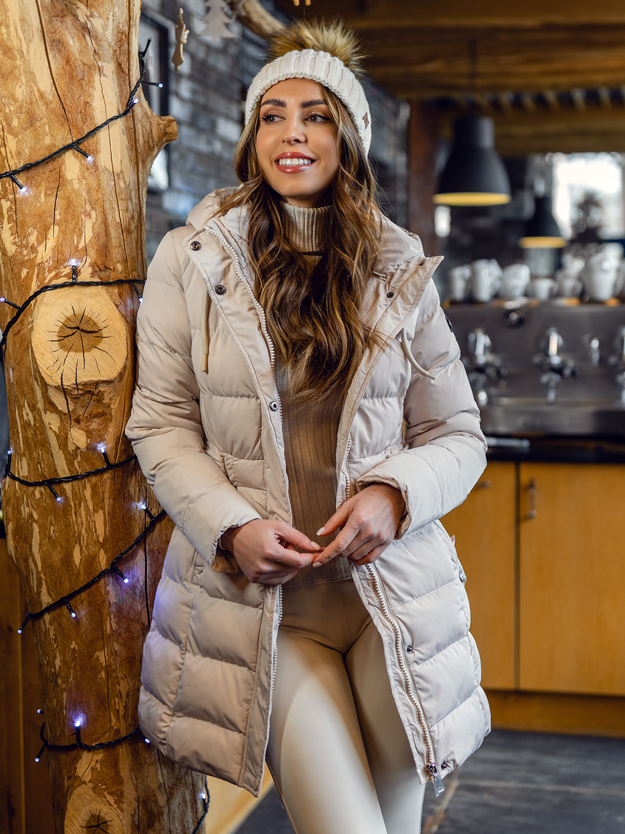chaquetas-de-mujer-677npc-1.jpg Chaqueta acolchada larga abrigo de invierno con capucha para mujer beige Bolf 7086A - Imagen 1