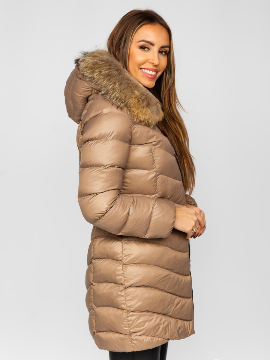 chaquetones-mujer-174lpv-1.jpg Chaqueta larga acolchada abrigo de invierno con pelo natural para mujer marrón Bolf M688 MARRÓN - Imagen 1