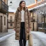 Plumífero largo acolchado camel mujer | Ouka